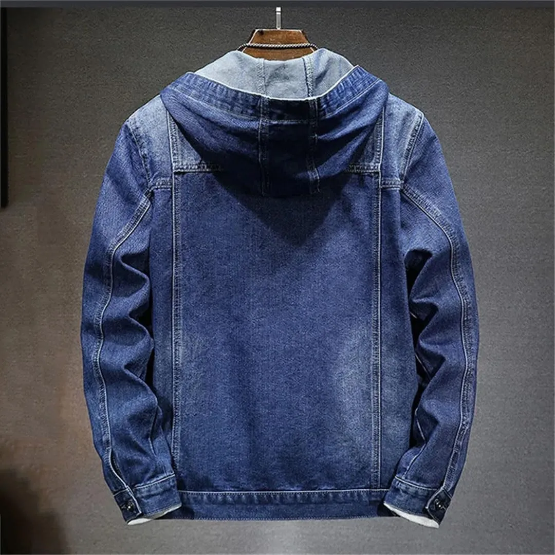Men's Spring Autumn Hooded Denim Jacket Windproof Coats Large Pocket Sports Denim Jackets Solid Streetwear