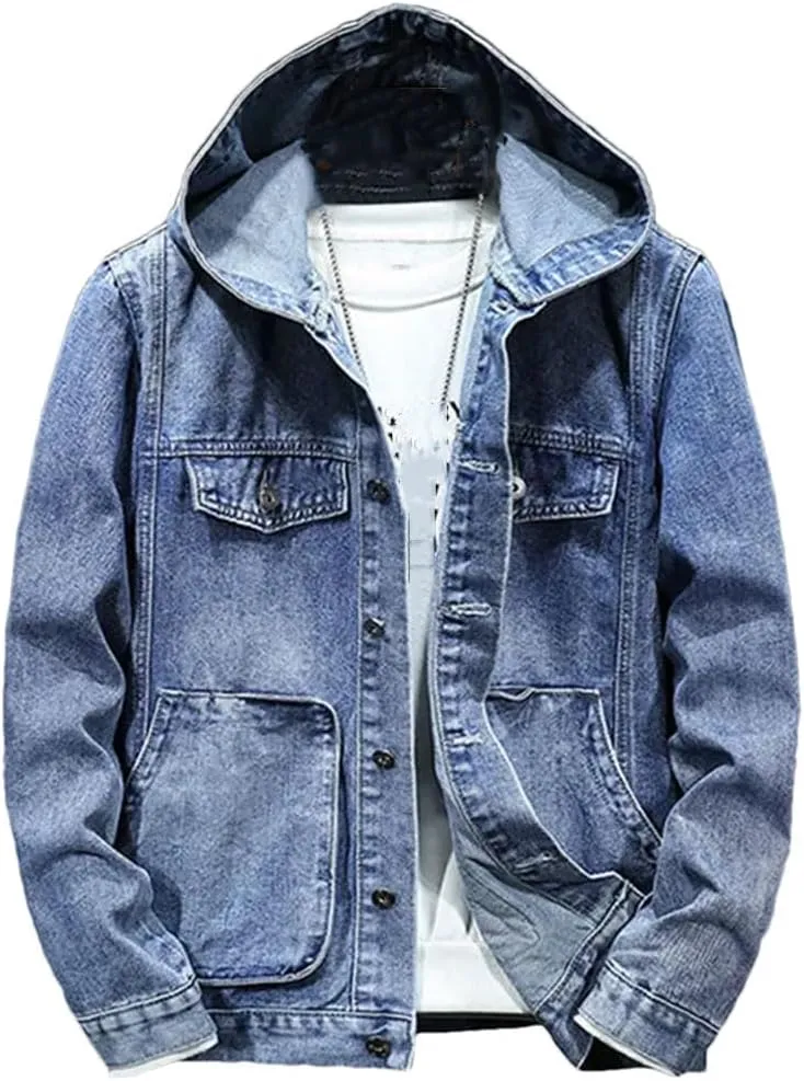 Men's Spring Autumn Hooded Denim Jacket Windproof Coats Large Pocket Sports Denim Jackets Solid Streetwear