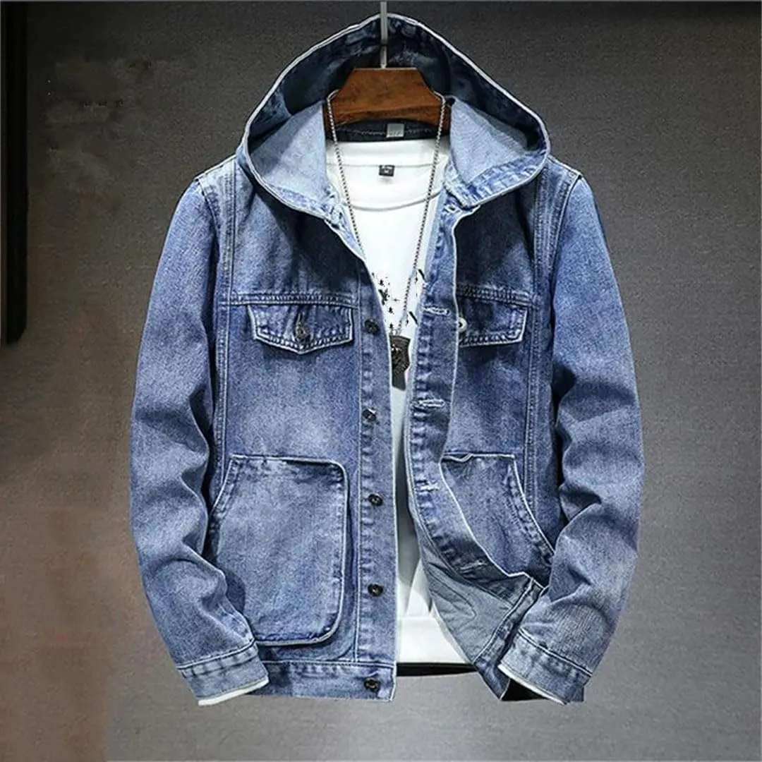 Men's Spring Autumn Hooded Denim Jacket Windproof Coats Large Pocket Sports Denim Jackets Solid Streetwear