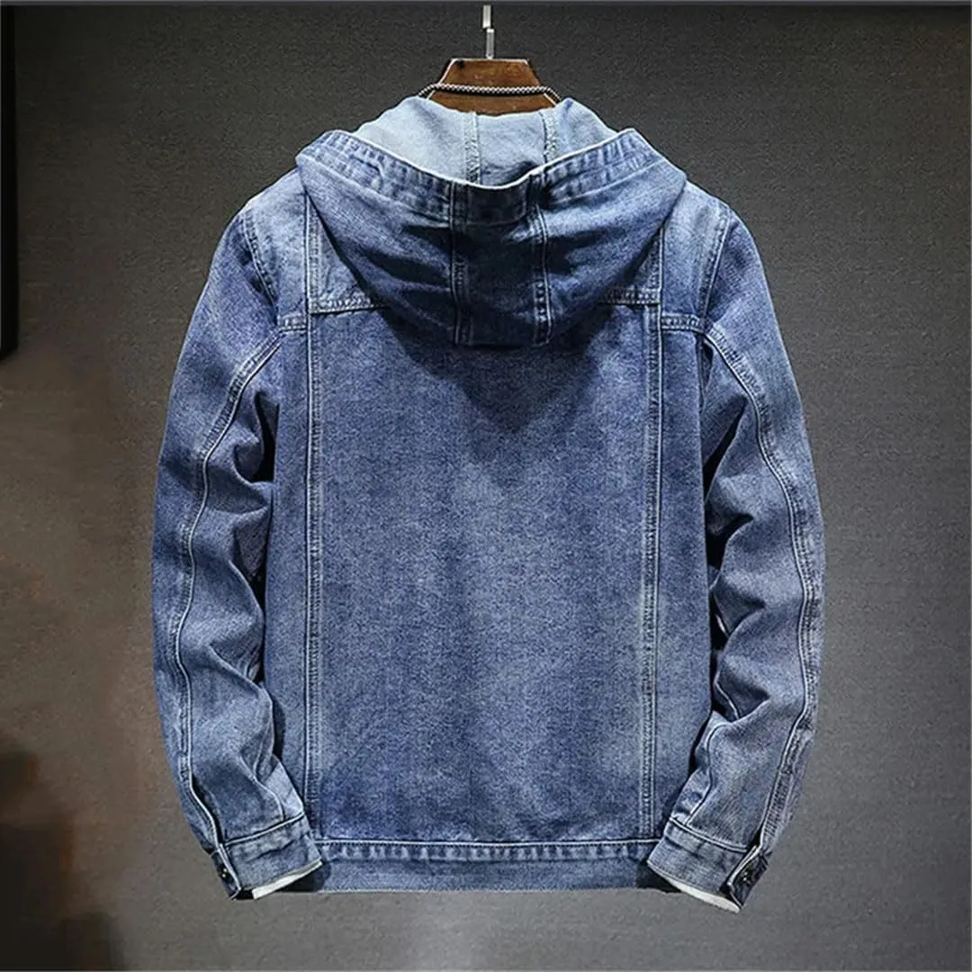 Men's Spring Autumn Hooded Denim Jacket Windproof Coats Large Pocket Sports Denim Jackets Solid Streetwear