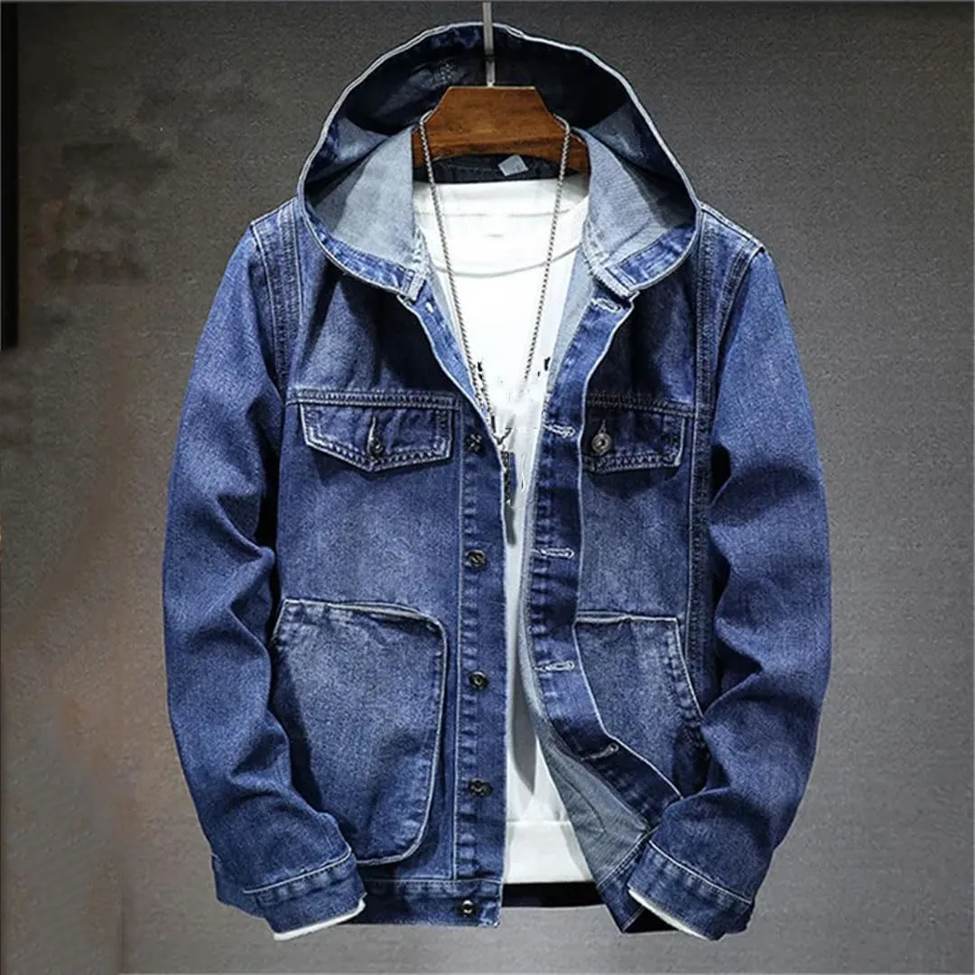 Men's Spring Autumn Hooded Denim Jacket Windproof Coats Large Pocket Sports Denim Jackets Solid Streetwear