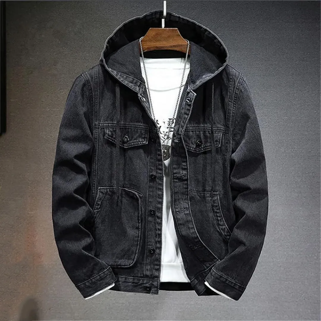 Men's Spring Autumn Hooded Denim Jacket Windproof Coats Large Pocket Sports Denim Jackets Solid Streetwear