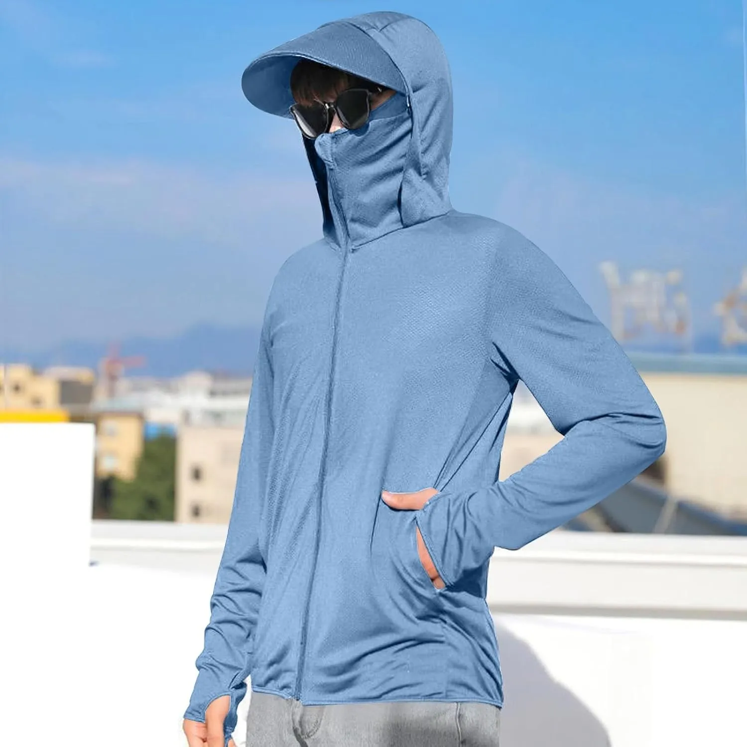 Men's UPF 50  Full Zip Fishing Hoodies Sun Shirts with Mask UV Neck Gaiter Hoodie Quick Dry Long Sleeve Hiking Shirts