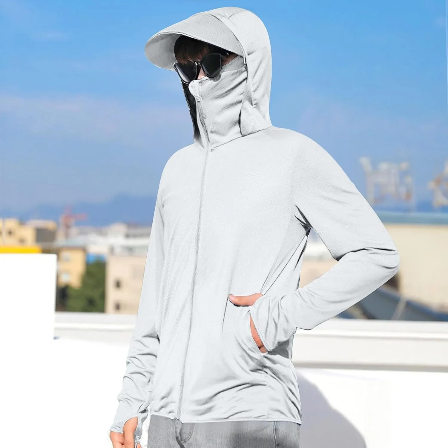 Men's UPF 50  Full Zip Fishing Hoodies Sun Shirts with Mask UV Neck Gaiter Hoodie Quick Dry Long Sleeve Hiking Shirts