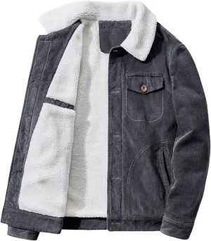 Men's Vintage Corduroy Jacket Sherpa-Lined Denim Coat Fur Lapel Button-Up Winter Design