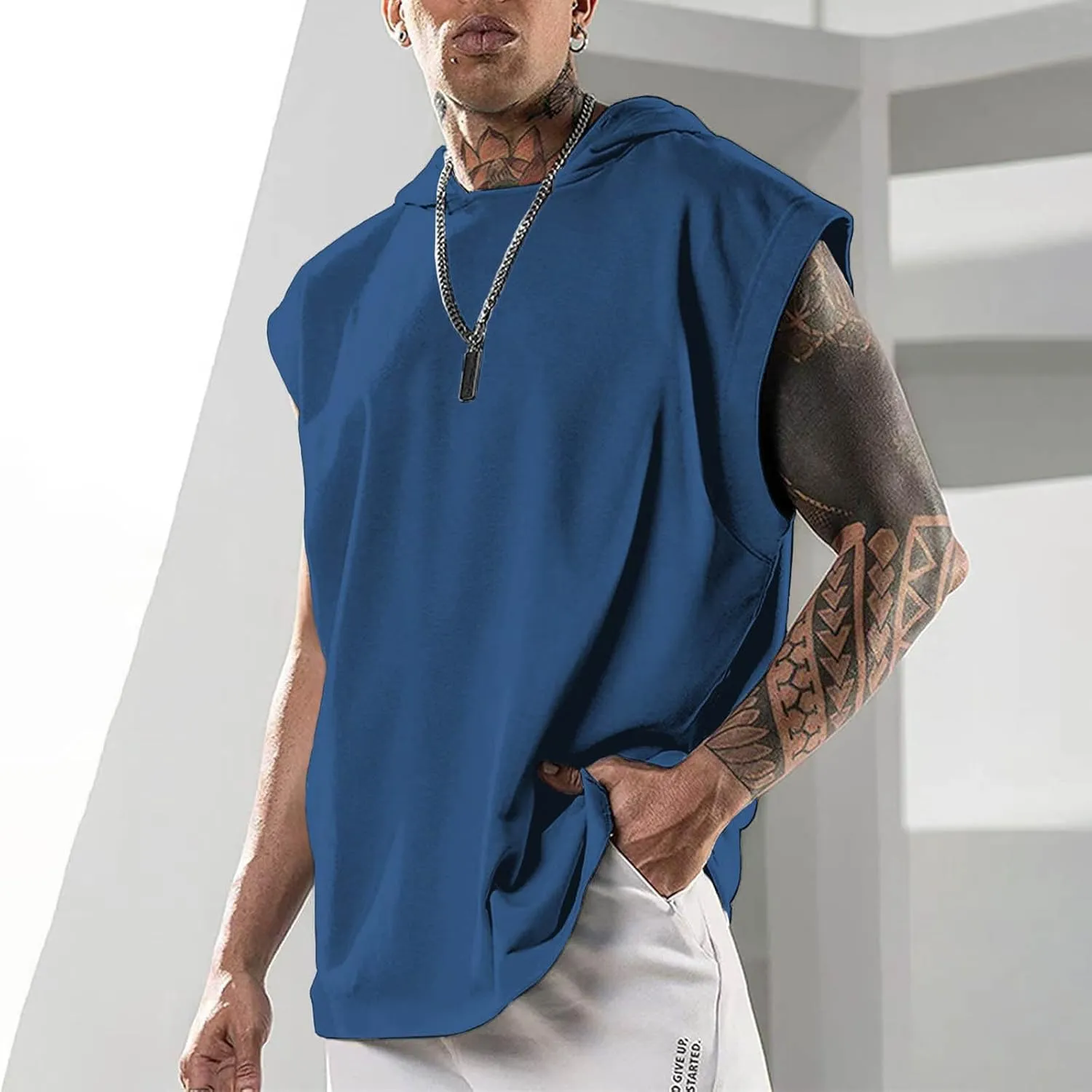 Men's Workout Muscle Hooded Tank Tops Sleeveless Athletic Gym Hoodies Bodybuilding Training Fitness Cut Off T-Shirts