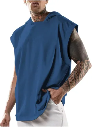 Men's Workout Muscle Hooded Tank Tops Sleeveless Athletic Gym Hoodies Bodybuilding Training Fitness Cut Off T-Shirts
