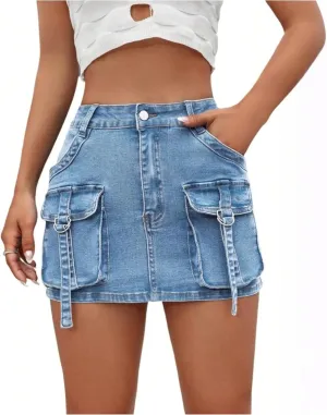 midelxp Mini Jean Skirts for Women Denim High Waisted Short Skirts with Pockets Casual Frayed Raw Hem Stretch Denim Skorts