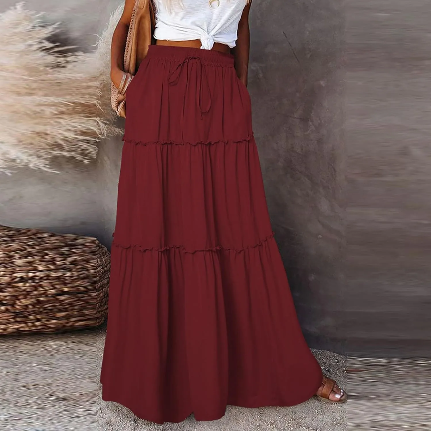 midelxp Pleated Long Skirts for Women Summer Casual Elastic High Waisted Skirts A-Line Flowy Swing Maxi Skirt with Pockets