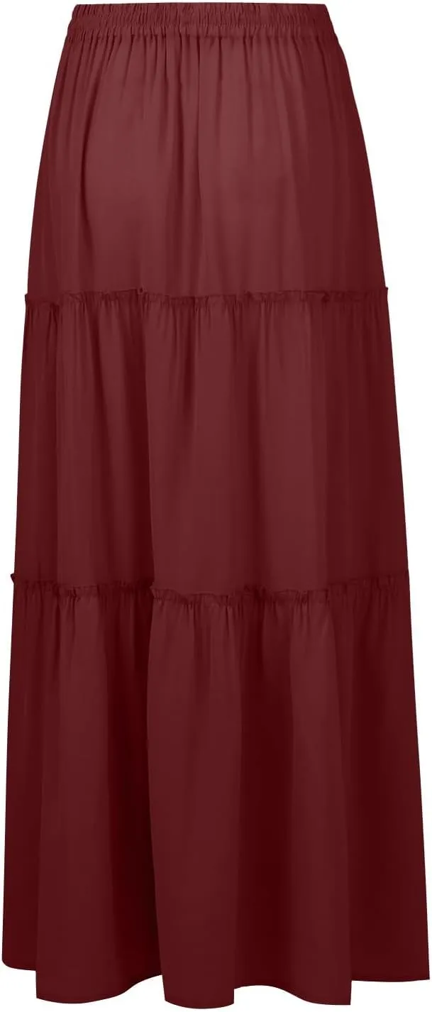midelxp Pleated Long Skirts for Women Summer Casual Elastic High Waisted Skirts A-Line Flowy Swing Maxi Skirt with Pockets