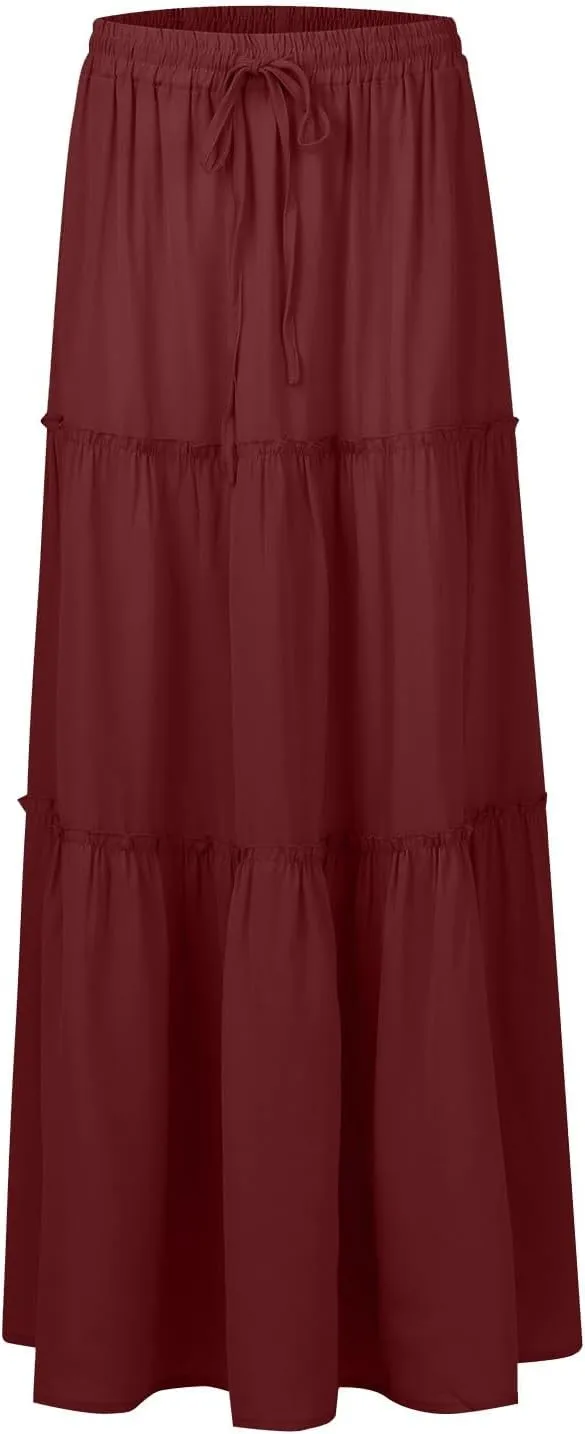 midelxp Pleated Long Skirts for Women Summer Casual Elastic High Waisted Skirts A-Line Flowy Swing Maxi Skirt with Pockets