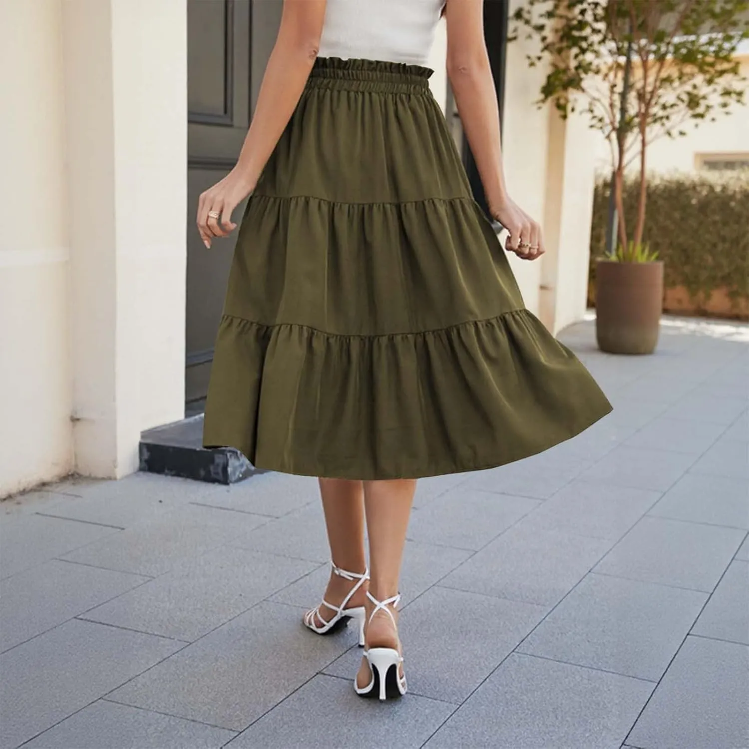 Midi Skirts for Women Trendy Casual Flowy A Line Elastic Tie Waist Tiered Ruffle Pleated Swing Boho Long Skirt Dress
