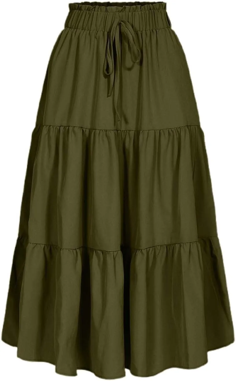 Midi Skirts for Women Trendy Casual Flowy A Line Elastic Tie Waist Tiered Ruffle Pleated Swing Boho Long Skirt Dress