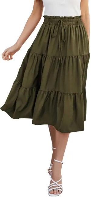 Midi Skirts for Women Trendy Casual Flowy A Line Elastic Tie Waist Tiered Ruffle Pleated Swing Boho Long Skirt Dress