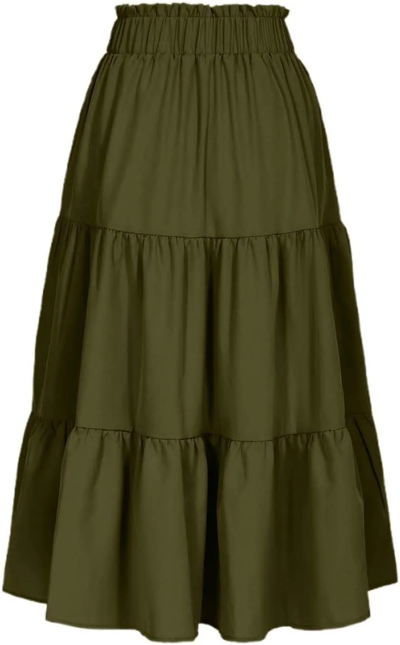 Midi Skirts for Women Trendy Casual Flowy A Line Elastic Tie Waist Tiered Ruffle Pleated Swing Boho Long Skirt Dress