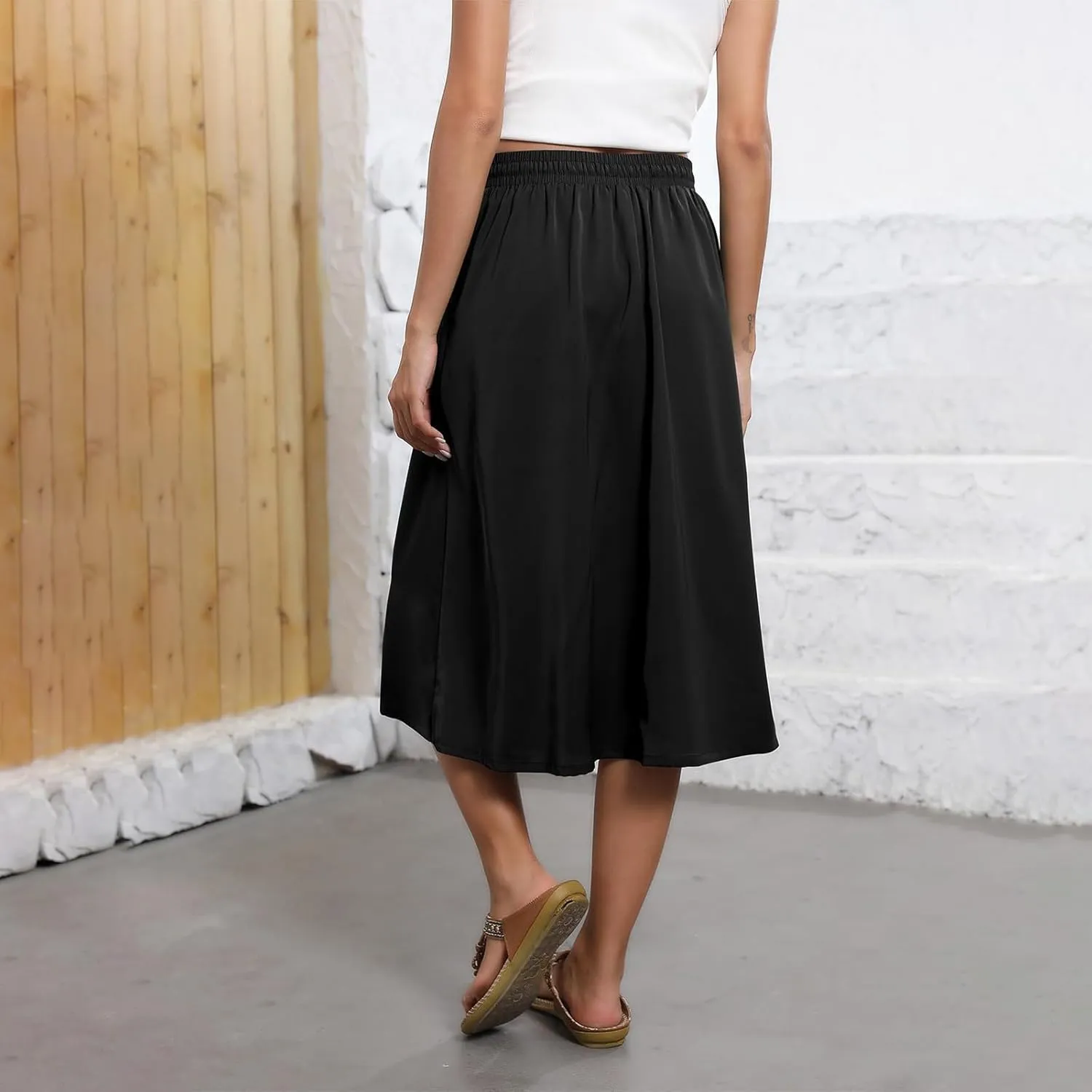 Midi Skirts for Women Trendy Summer Floral A Line Skirts Elastic High Waisted Boho Beach Swing Flowy Skirt w/Pockets