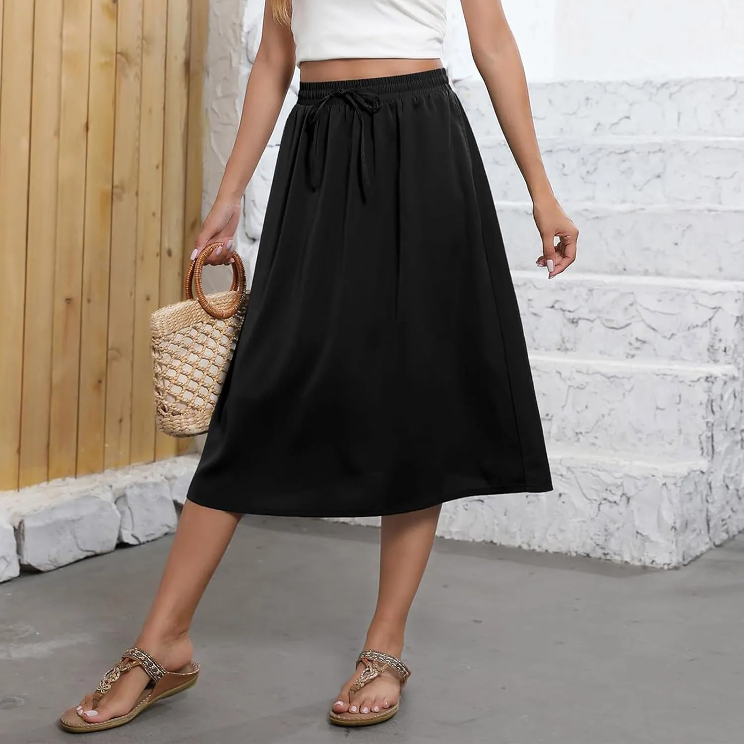 Midi Skirts for Women Trendy Summer Floral A Line Skirts Elastic High Waisted Boho Beach Swing Flowy Skirt w/Pockets