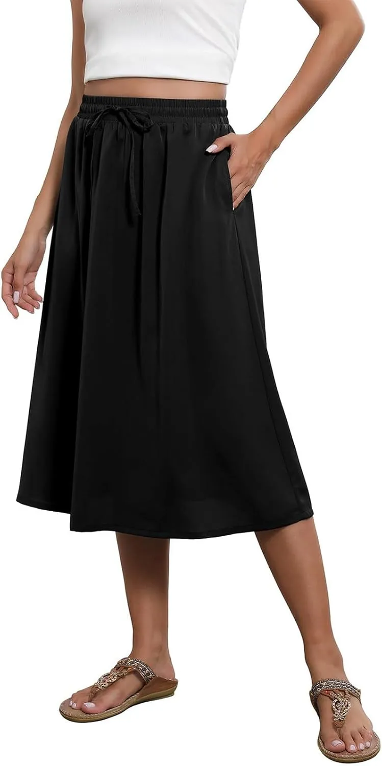 Midi Skirts for Women Trendy Summer Floral A Line Skirts Elastic High Waisted Boho Beach Swing Flowy Skirt w/Pockets