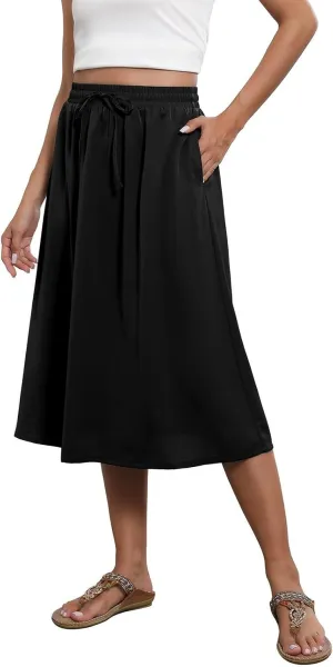 Midi Skirts for Women Trendy Summer Floral A Line Skirts Elastic High Waisted Boho Beach Swing Flowy Skirt w/Pockets