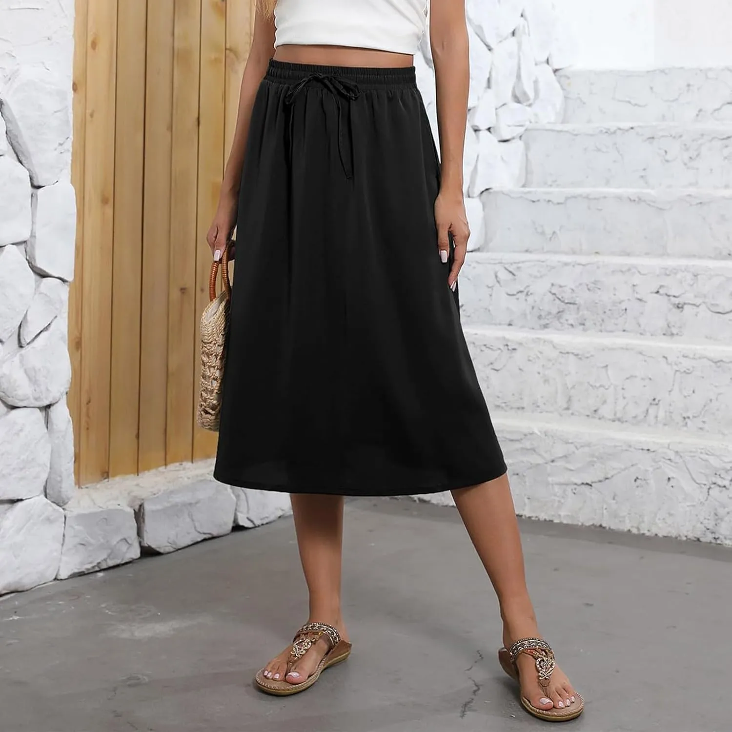 Midi Skirts for Women Trendy Summer Floral A Line Skirts Elastic High Waisted Boho Beach Swing Flowy Skirt w/Pockets
