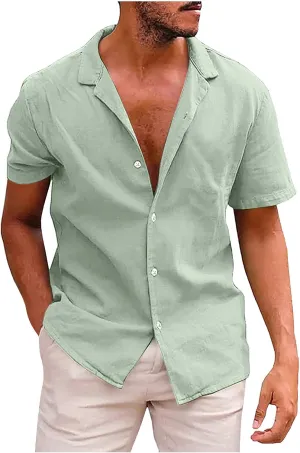 Muscularfit Button Down Shirt Men 2024 Summer Cotton Linen Short Sleeve Causal Shirt Big and Tall Solid Beach Collar Tshirt