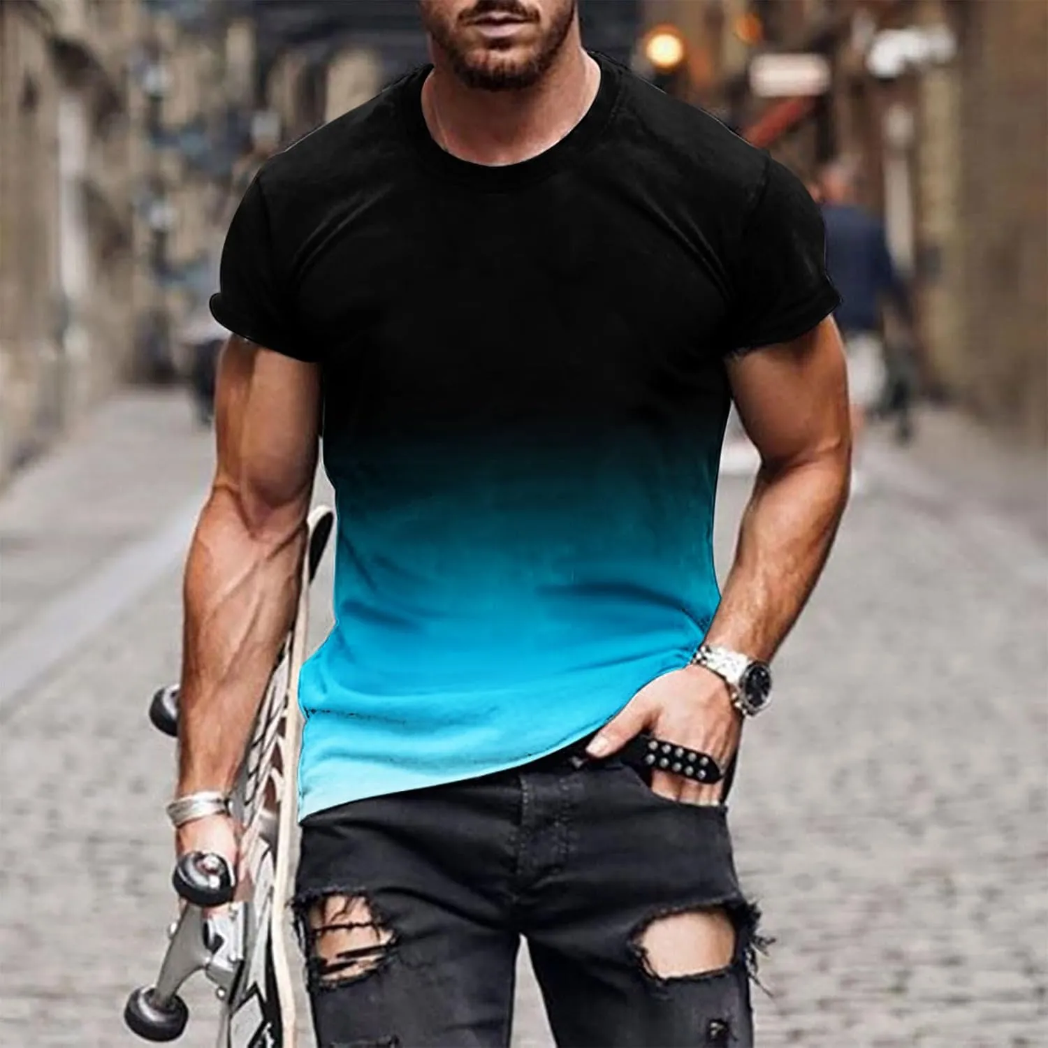 Muscularfit Mens Tshirts Graphic Big and Tall Short Sleeve Athletic Shirt Summer Fashion Gradient Color Crewneck Pullover Tee