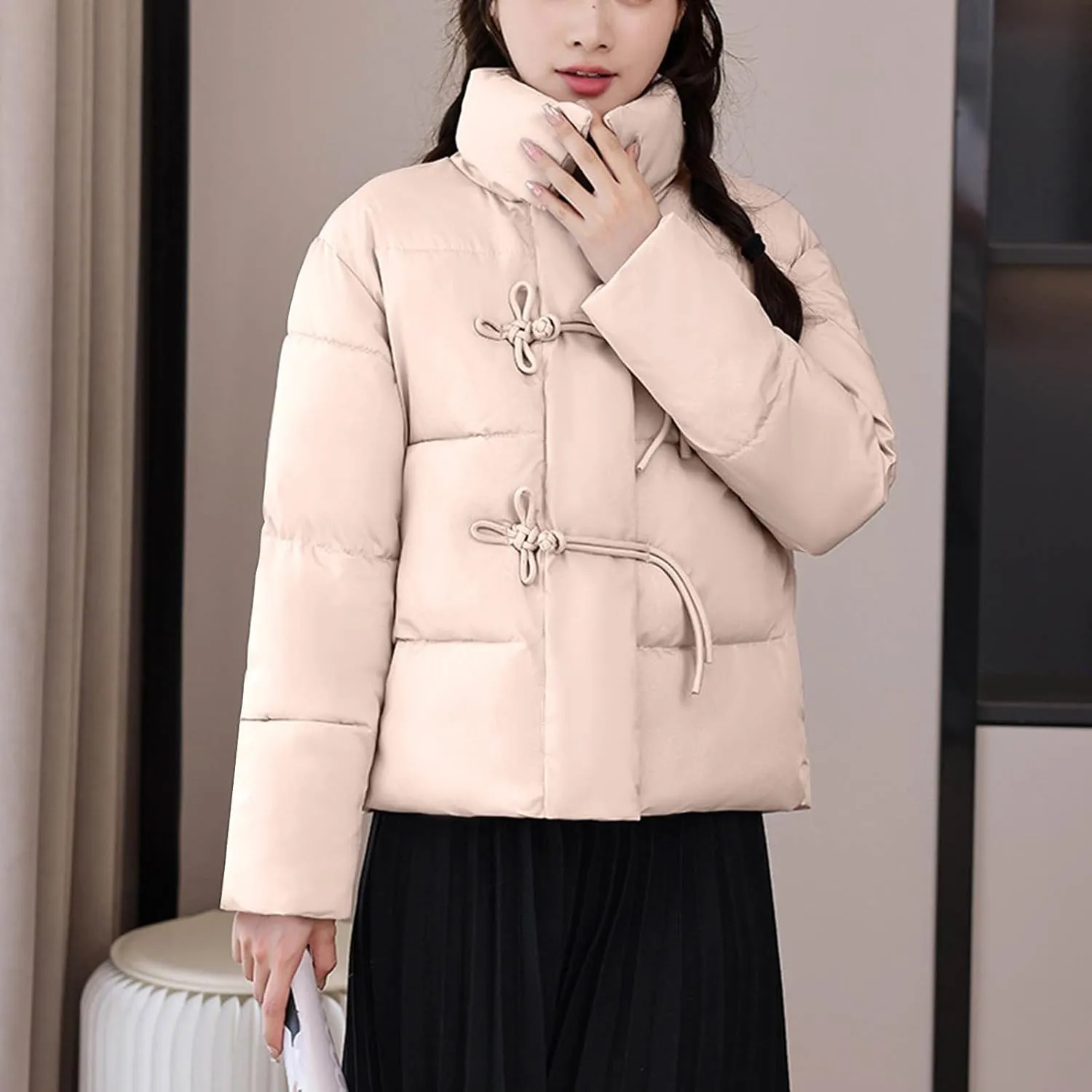 NATHGAM Women Short Puffer Down Jackets Cute Warm Winter Stand Collar Bread Jacket Fashion Casual Loose Cotton Padded Jacket