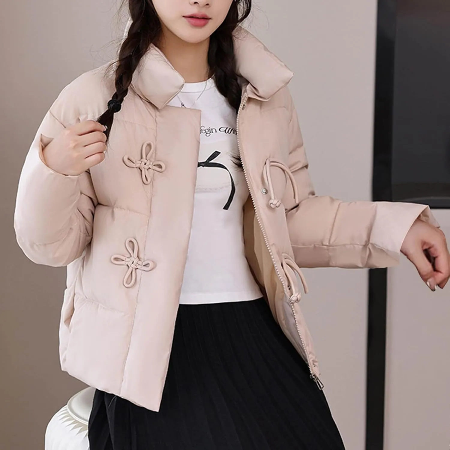 NATHGAM Women Short Puffer Down Jackets Cute Warm Winter Stand Collar Bread Jacket Fashion Casual Loose Cotton Padded Jacket