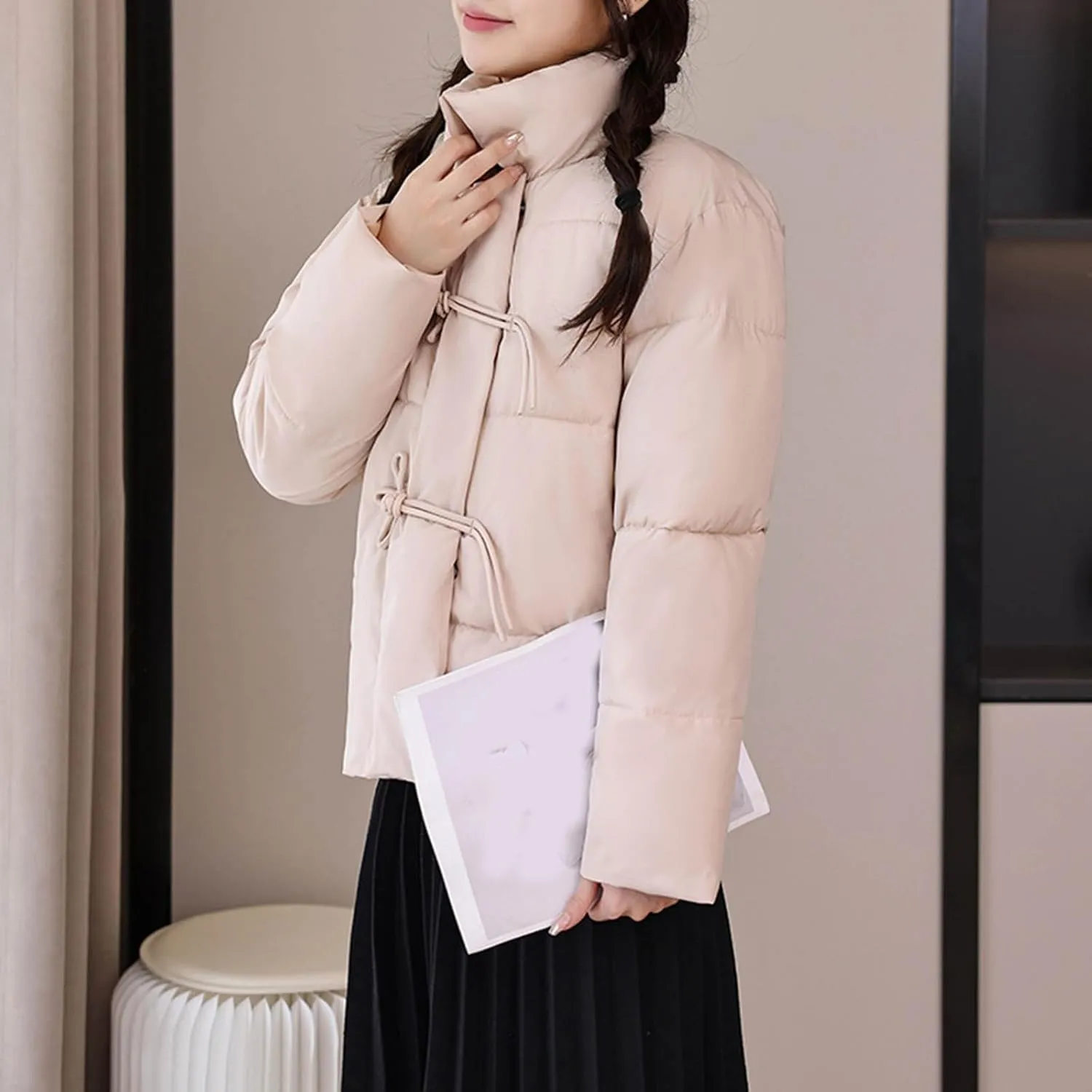 NATHGAM Women Short Puffer Down Jackets Cute Warm Winter Stand Collar Bread Jacket Fashion Casual Loose Cotton Padded Jacket