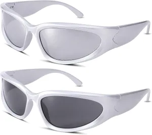NULOOQ Wrap Around Sunglasses for Women Men – Trendy Swift Y2K Oval Sport Shades Silver Futuristic Sunglasses