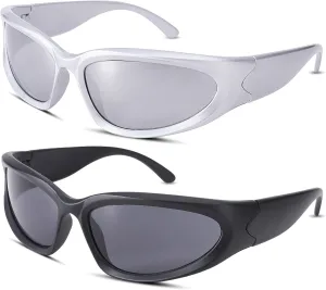 NULOOQ Wrap Around Sunglasses for Women Men – Trendy Swift Y2K Oval Sport Shades Silver Futuristic Sunglasses