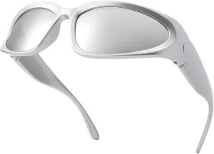 NULOOQ Wrap Around Sunglasses for Women Men – Trendy Swift Y2K Oval Sport Shades Silver Futuristic Sunglasses