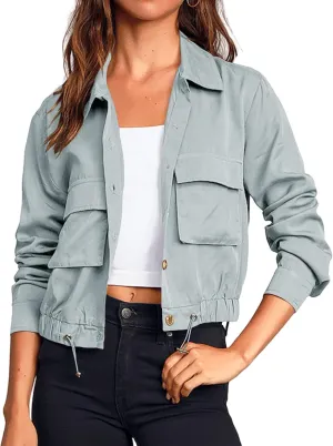 Onedreamer Women's Military Safari Cropped Jackets Button Down Lightweight Oversized Utility Anorak Coat with Pockets
