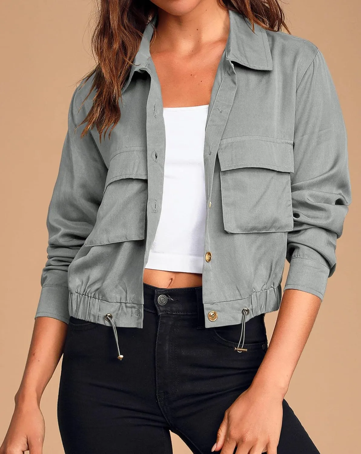 Onedreamer Women's Military Safari Cropped Jackets Button Down Lightweight Oversized Utility Anorak Coat with Pockets
