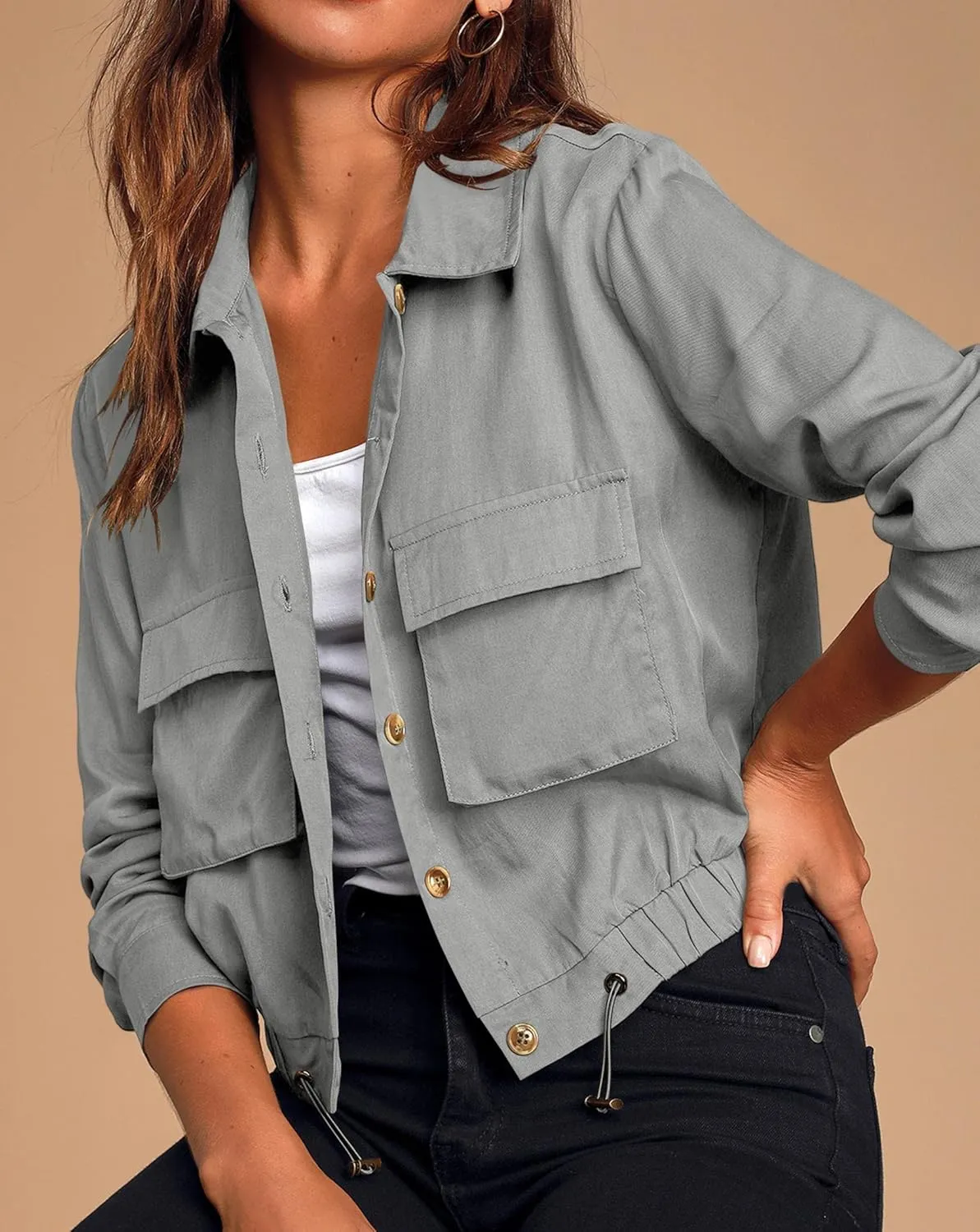 Onedreamer Women's Military Safari Cropped Jackets Button Down Lightweight Oversized Utility Anorak Coat with Pockets