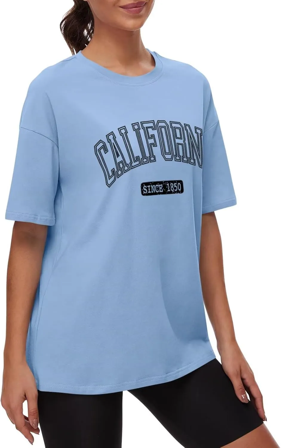 ORANDESIGNE Women Oversized Letter Print T Shirts Crewneck Graphic Short Sleeve Tees