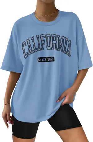 ORANDESIGNE Women Oversized Letter Print T Shirts Crewneck Graphic Short Sleeve Tees