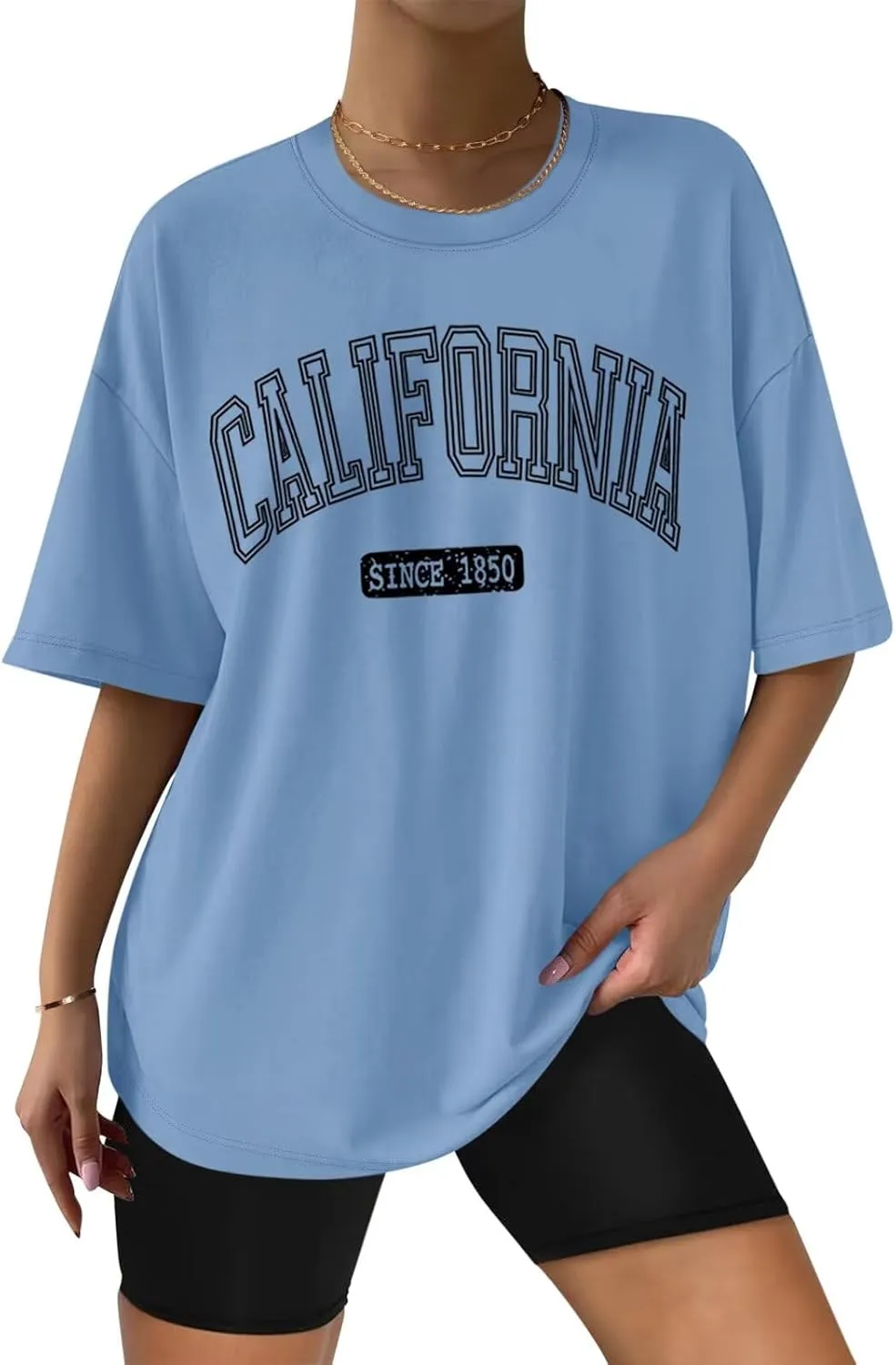 ORANDESIGNE Women Oversized Letter Print T Shirts Crewneck Graphic Short Sleeve Tees