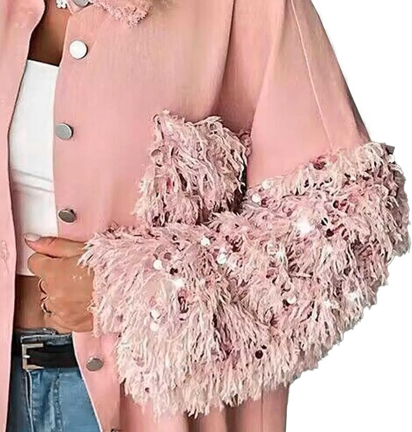 Oversized Jean Jacket for Women Womens Jacket Sequin Patchwork Long Sleeve Jacket Top Oversized Denim