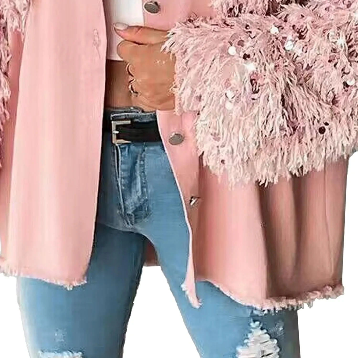 Oversized Jean Jacket for Women Womens Jacket Sequin Patchwork Long Sleeve Jacket Top Oversized Denim