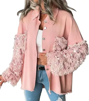 Oversized Jean Jacket for Women Womens Jacket Sequin Patchwork Long Sleeve Jacket Top Oversized Denim