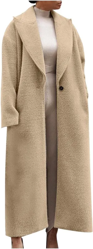 Oversized Trench Coat for Women Wool Blend Jackets Open Front Ankle Length Long Sleeve Lapel Comfy Warm Overcoat