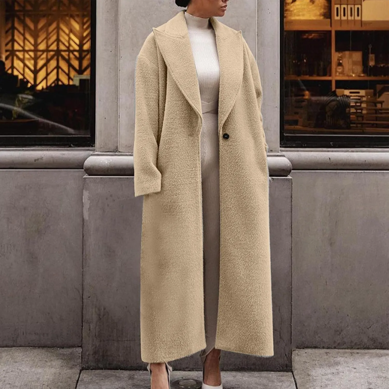 Oversized Trench Coat for Women Wool Blend Jackets Open Front Ankle Length Long Sleeve Lapel Comfy Warm Overcoat