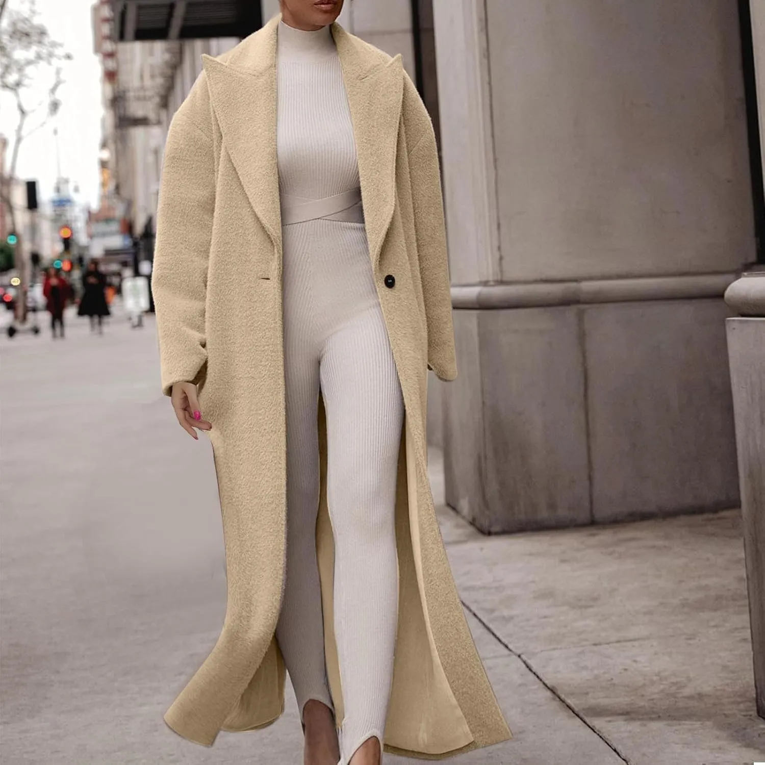 Oversized Trench Coat for Women Wool Blend Jackets Open Front Ankle Length Long Sleeve Lapel Comfy Warm Overcoat
