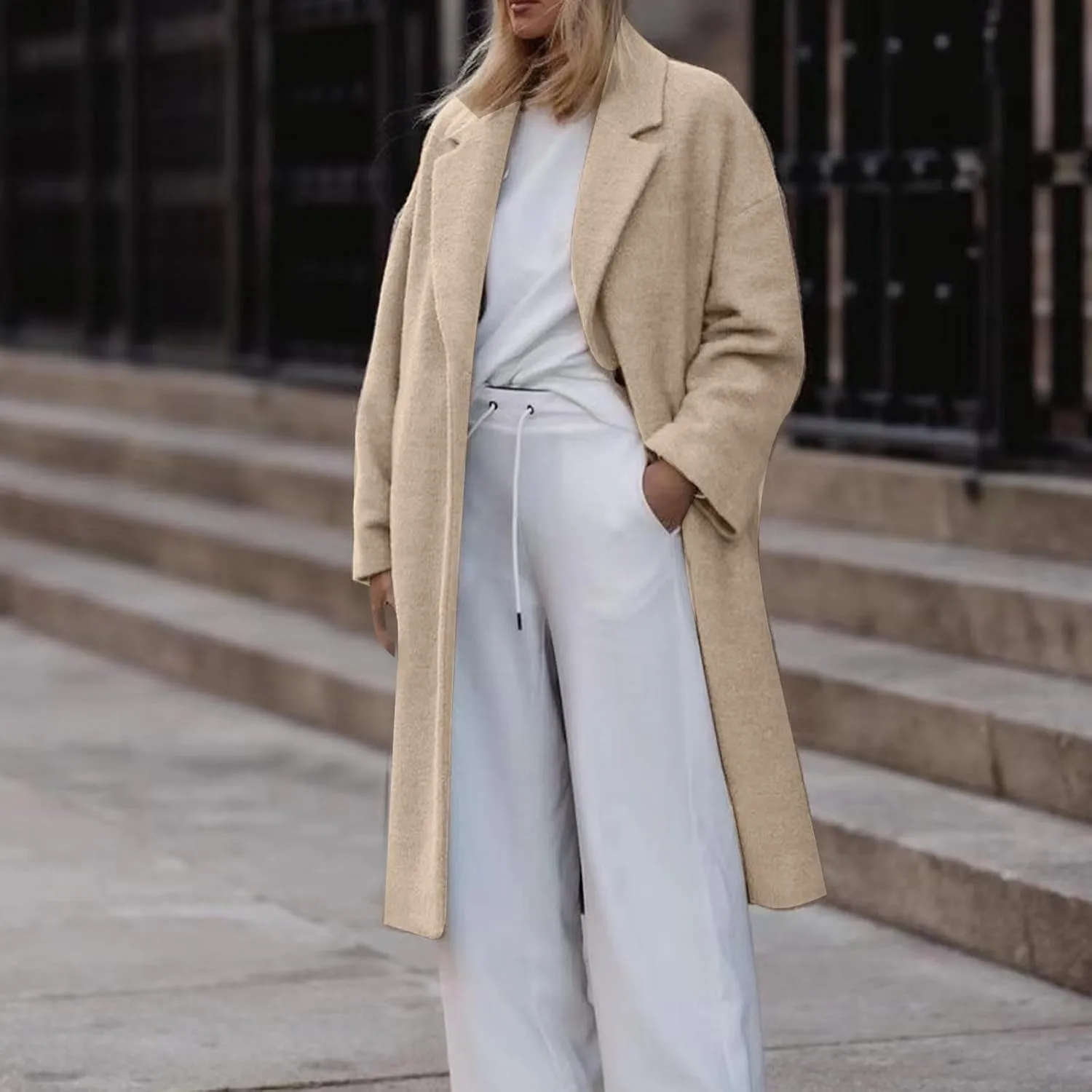 Oversized Trench Coat for Women Wool Blend Jackets Open Front Ankle Length Long Sleeve Lapel Comfy Warm Overcoat