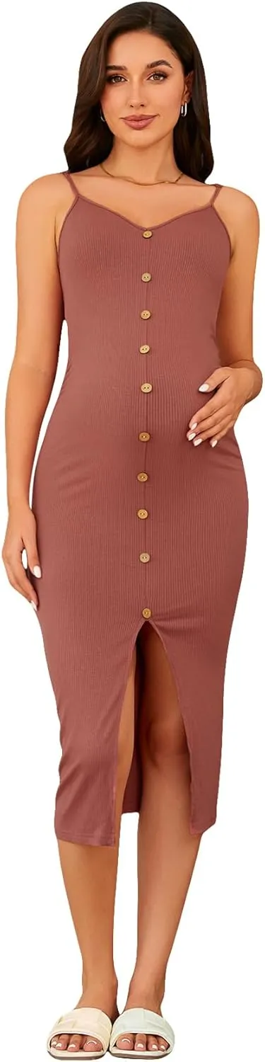 OYOANGLE Women's Maternity Cami Dress Split Hem Rib Knit Buttoned Sleeveless Long Bodycon Slip Dresses