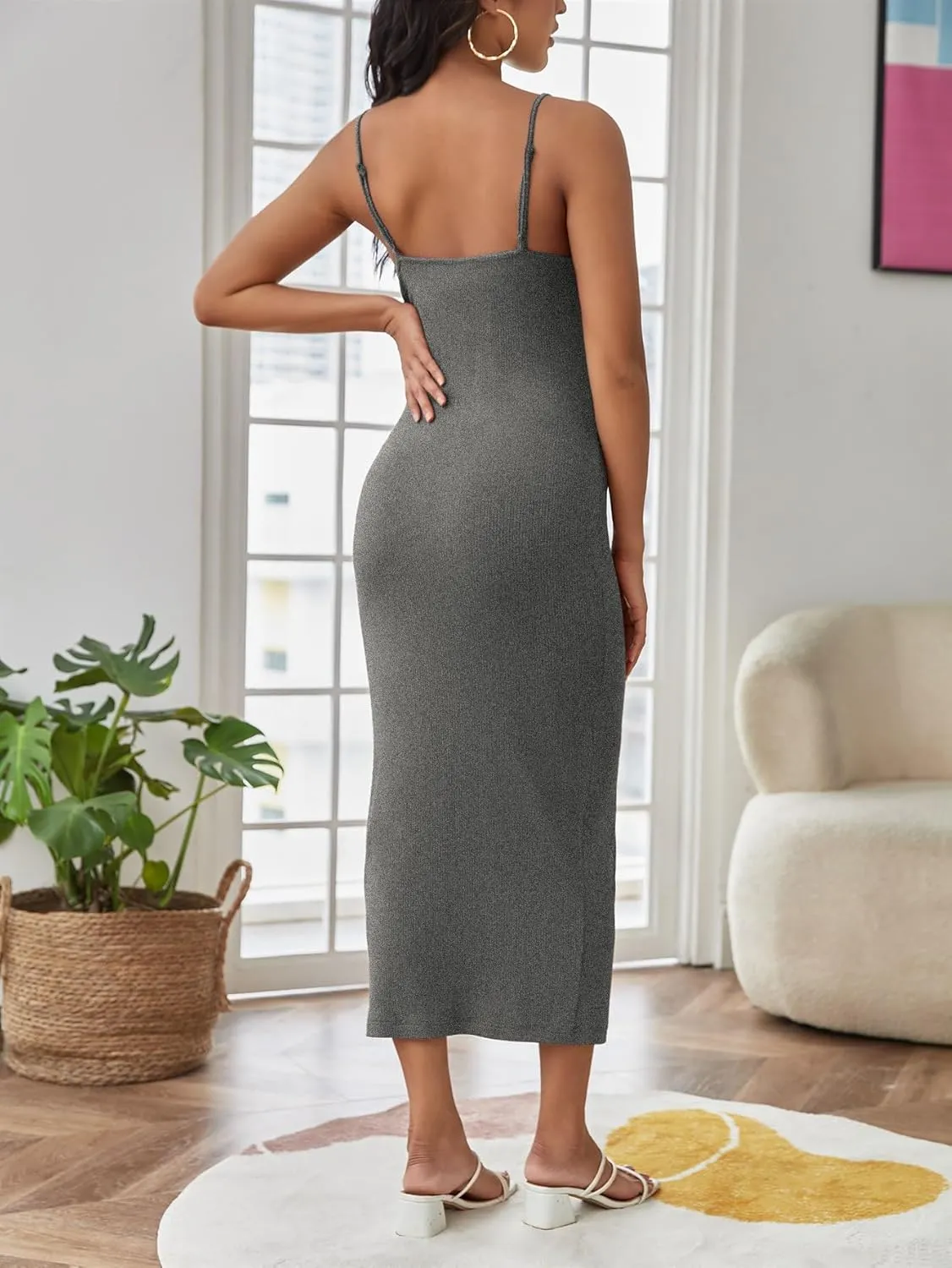 OYOANGLE Women's Maternity Cami Dress Split Hem Rib Knit Buttoned Sleeveless Long Bodycon Slip Dresses