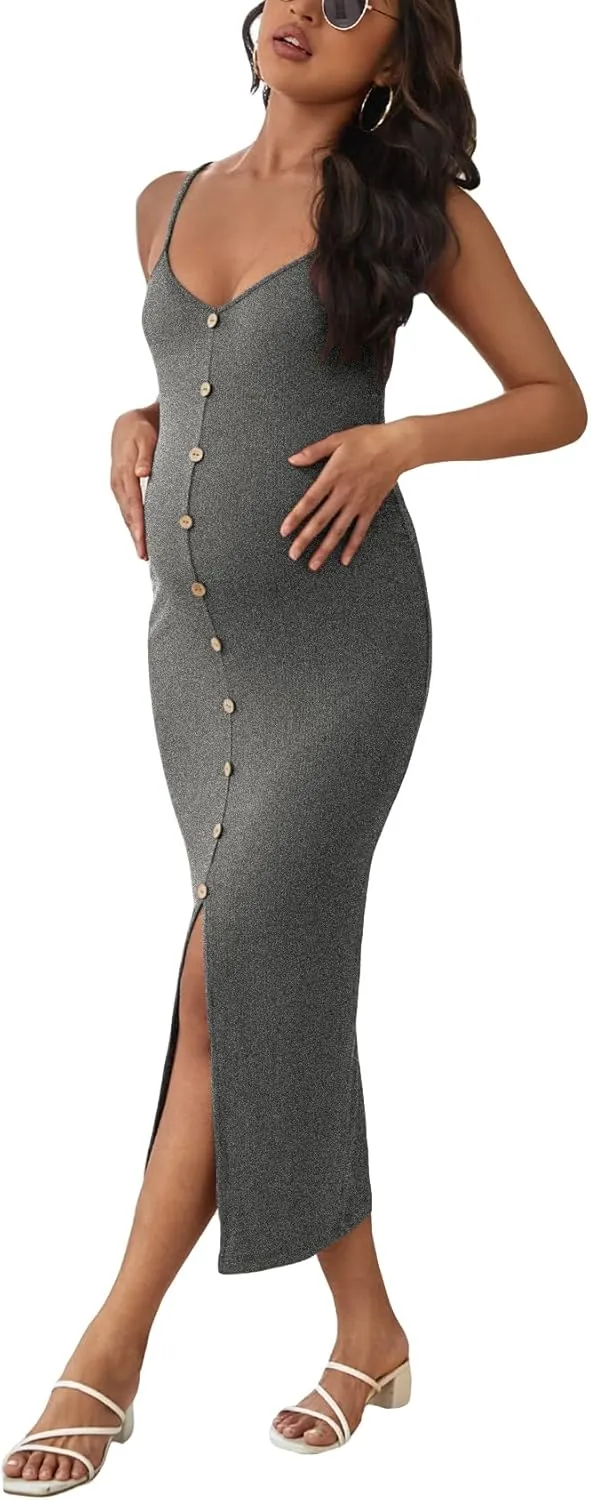 OYOANGLE Women's Maternity Cami Dress Split Hem Rib Knit Buttoned Sleeveless Long Bodycon Slip Dresses