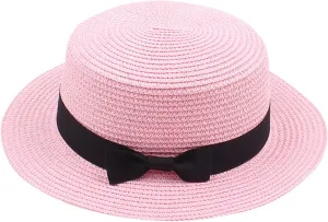 Panama Sun Hats for Women Wide Brim Straw Boater Hat Foldable Packable Flat Top Ribbon Fedora Beach Hat for Summer