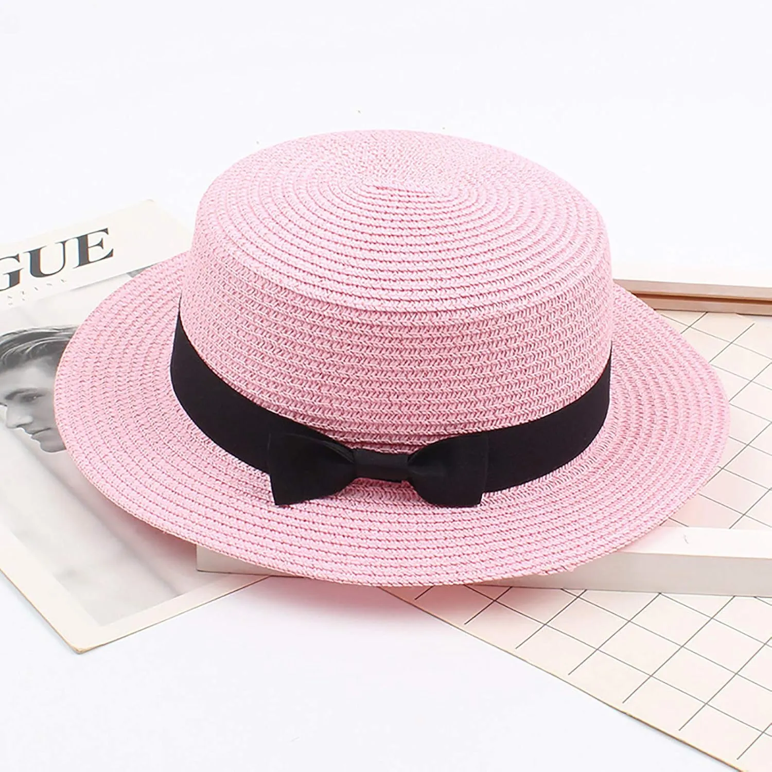 Panama Sun Hats for Women Wide Brim Straw Boater Hat Foldable Packable Flat Top Ribbon Fedora Beach Hat for Summer